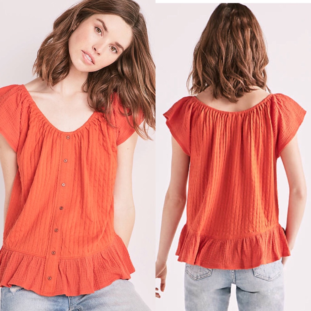 Lucky Brand Coral-Orange Button Peplum Blouse